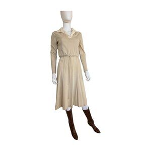 Vintage 70s Tan & Cream Collared Midi Dress | Long Sleeve Tie Waist